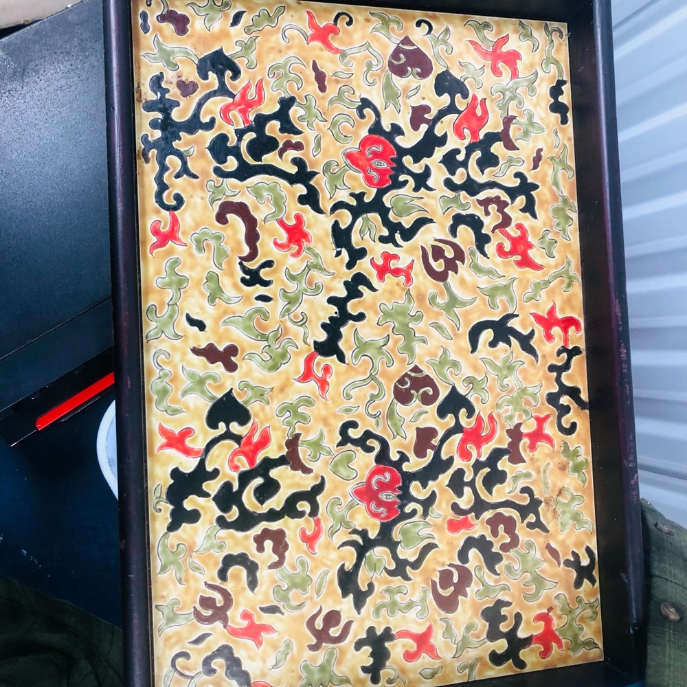Hand-Painted Decorative Tray with Floral Scroll Motif - Red, Black, Green